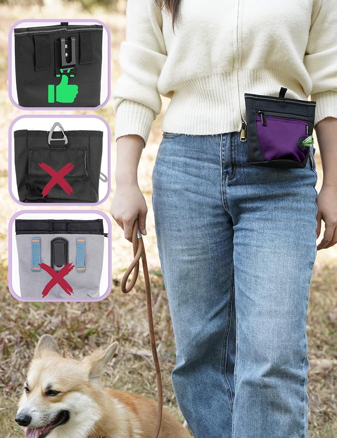 Gobeigo 2 Cup Dog Treat Pouch with Training Clicker(Black/Purple) | 2 Pair Magnetic Closures, Zipper Pocket with Poop Bag Holder, Waist Belt & Metal Clip to Wear for Pet Training/Daily Walking