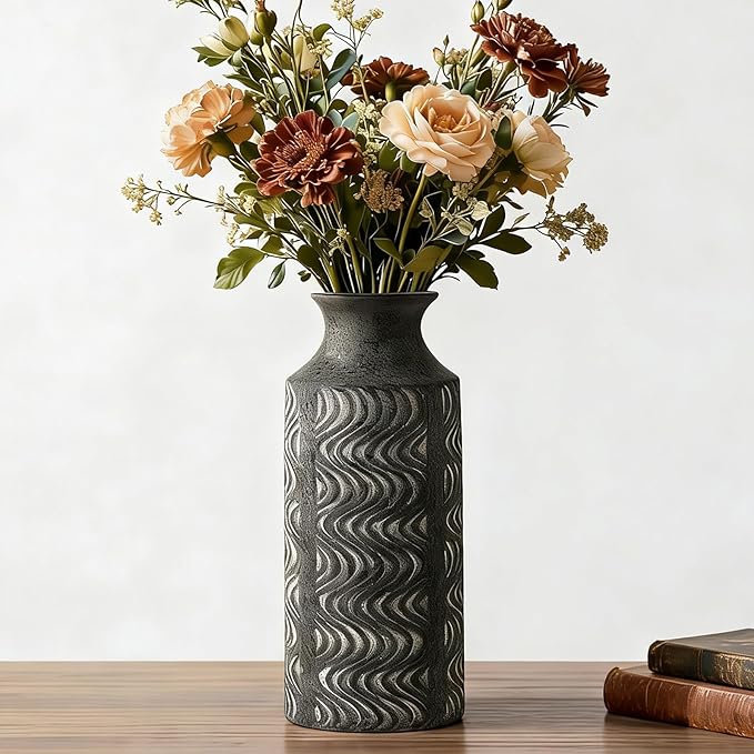 Black Ceramic Vase, 11 Inch Tall Vintage Flower Vase for Decor | Decorative Cylinder Vase Adds Farmhouse Charm to Centerpieces, Table, Shelf, Living Room,Bedroom