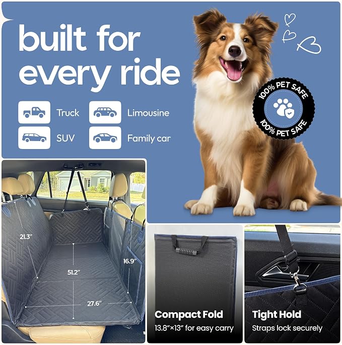 Dog Seat Cover for Back Seat Hard Bottom, XL Backseat Extender for Large Dogs (+420 lbs), Waterproof Dog Car Hammock with Door Protectors, Non-Slip Heavy-Duty Pet Seat Cover for Truck, SUV & Car