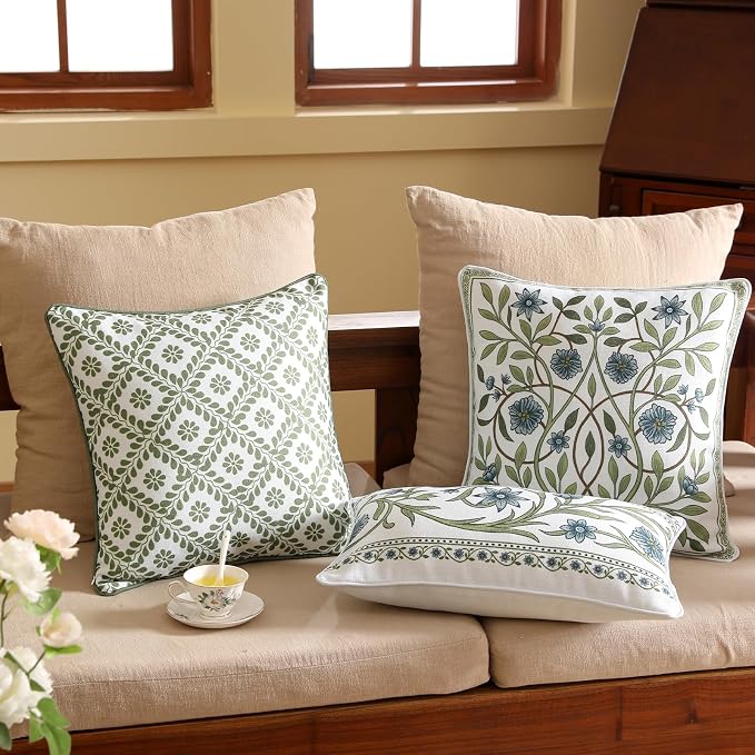 Designer Vintage Linen Throw Pillow Cover,18"x18"-Mosella C | French Elegant Square Decor Pillow Cover,Concealed Zipper Design,Floral Pattern,Sofa,Bedroom,Living Room,Lounge Chairs