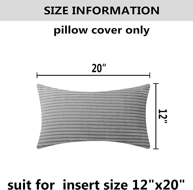 Home Brilliant Lumbar Pillow Cover 12x20 Plush Velvet Corduroy Striped Rectangular Throw Pillows Pillow Case Cushion Cover, 12 x 20, Light Grey