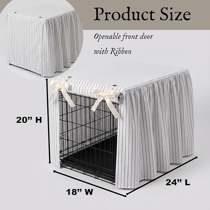 Boomkin Farmhouse Striped Dog Crate Cover 24 Inch, Rustic Cottagecore Pet Kennel Cover with Ruffled Skirt & Roll-Up Door, Elegant Fabric Decorative Dog Cage Cover for Indoor Home Decor