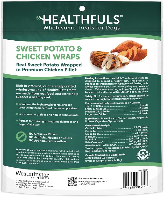 Healthfuls Chicken Wrapped Sweet Potato Dog Treats, 16oz | Premium Chicken Breast, Real Sweet Potato, Vitamins & Antioxidants, No Artificial Colors, Everyday Treat, For All Life Stages