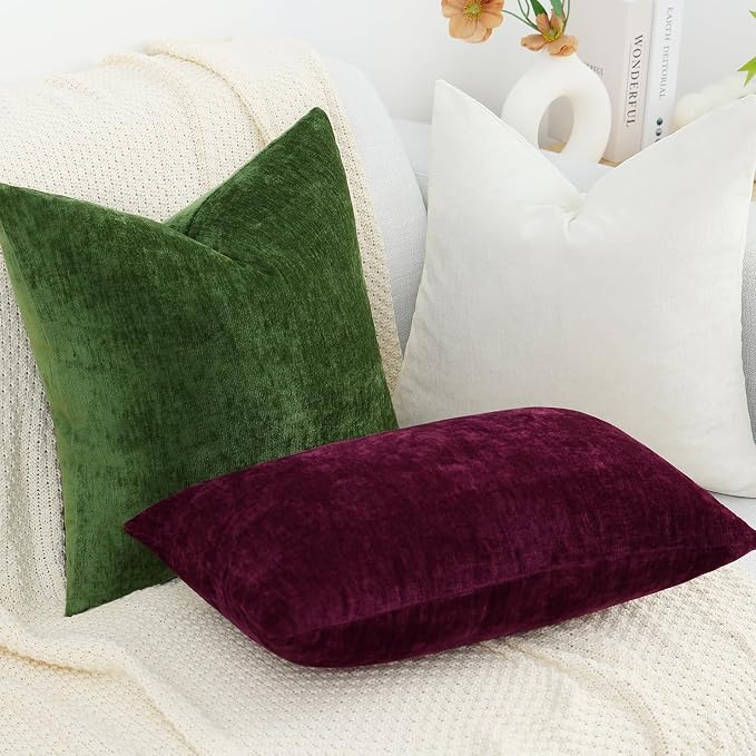 decorUhome Soft Chenille Burgundy Throw Pillow Covers 24X24 Set of 2 | Decorative Fall Couch Pillow Covers Solid Dyed Accent Modern Euro Sham Farmhouse Neutral Square Pillow Cases for Sofa