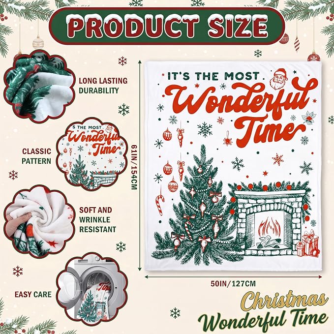 50'' x 60'' Christmas Throw Blanket Plush Warm Blanket | It's the Most Wonderful Time Christmas Plush Gift Winter Decor for Sofa Couch Bed