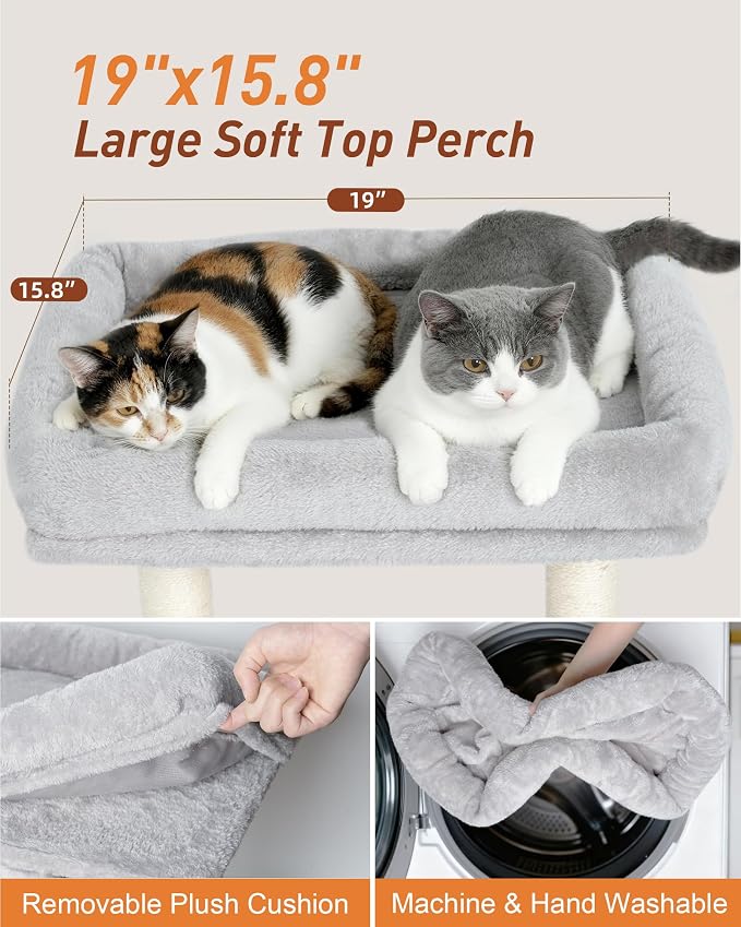 19" Small Cat Tree with Scratching Post for Indoor Cats with Perch | Light Gray, Removable 19"×15.8" Perch Bed, Dual Natural Sisal Scratcher,Small Cat Tower,Space-Saving