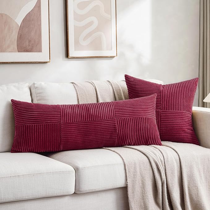 Fancy Homi Set of 1 Burgundy Boho Long Lumbar Body Decorative Throw Pillow Cover 21x54 Inch for Bed Couch Bedroom Bench, Soft Patchwork Corduroy Textured Pillow Case, Rustic Farmhouse Room Decor