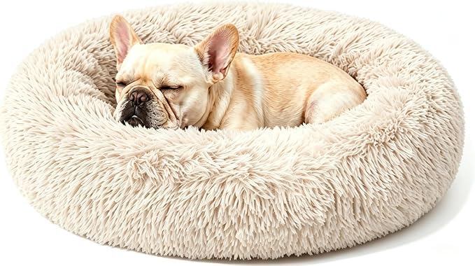 Calming Large Donut Dog and Cat Bed, Anti-Anxiety Round Soft Fluffy Plush Faux Fur Washable Anti-Slip Pet Bed for Medium Dogs Up to 35 lbs 28in Light-Brown
