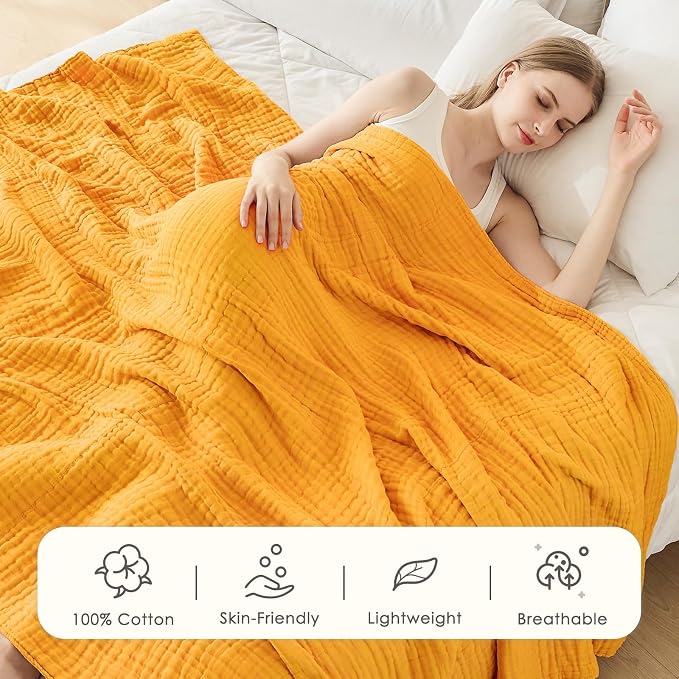 EMME Muslin Blankets for Adults Throw Blanket for Couch Breathable Gauze Soft Lightweight Airy Mustard Yellow King 108" x 90"