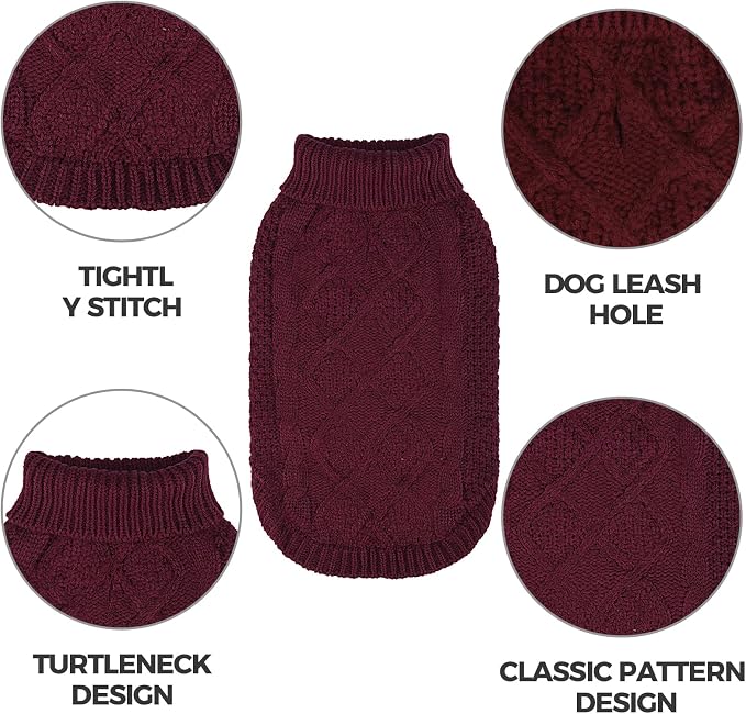 Mihachi Turtleneck Dog Sweater - Winter Coat Apparel Classic Cable Knit Clothes with Leash Hole for Cold Weather, Ideal Gift for Pet in New Year Wine Red M