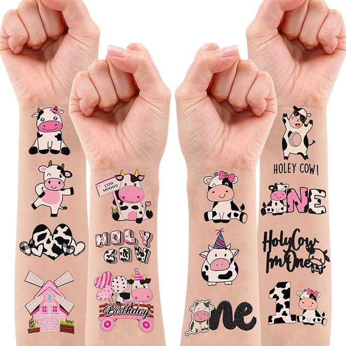 Holy Cow Im One Temporary Tattoos 8 Sheets 70 PCS Cow First Party Decorations Supplies Favors Farm Cow Theme Birthday Cute Stickers Christmas Gifts for Boys Girls Class School Prizes Carnival