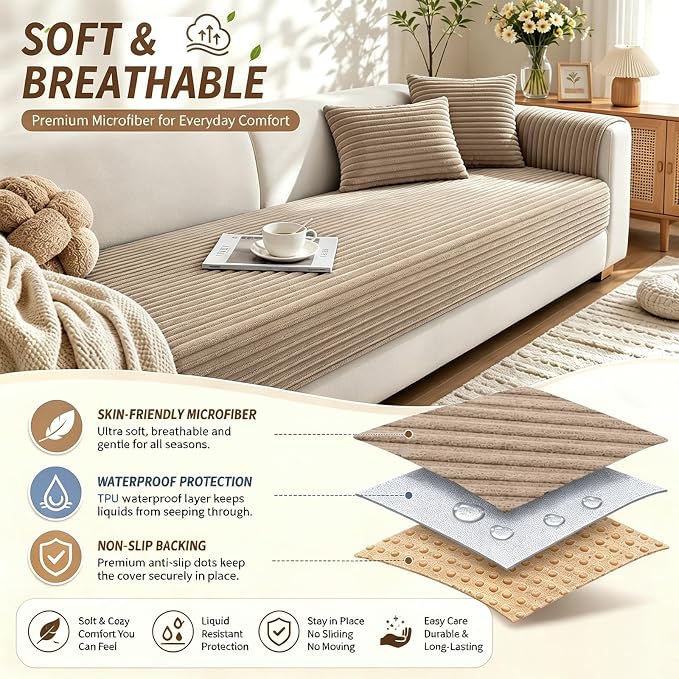 Waterproof Couch Cover for Dogs, Sofa Covers Washable & Non-Slip, Soft Dog Bed Blanket Protector for Sectional, Loveseat, Living Room Furniture (Khaki, 23.62"x 23.62" 2 Pack)