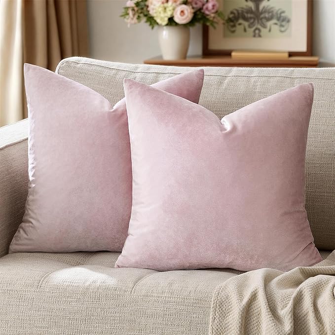 GIGIZAZA Sweet Lilac Velvet Throw Pillow Covers 16x16 Pack of 2 | Decorative Pink Pillows for Couch Sofa,280gsm Soft Textured Fabric,Modern Square Pillowcases,Luxury Cushion Covers