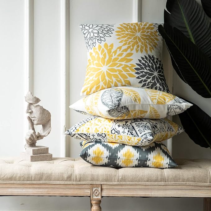 Phantoscope Set of 4 New Living Series Leaf Geometric Throw Decorative Pillow Cover Cushion Cover, Yellow and Grey, 22 x 22 inches, 55 x 55 cm