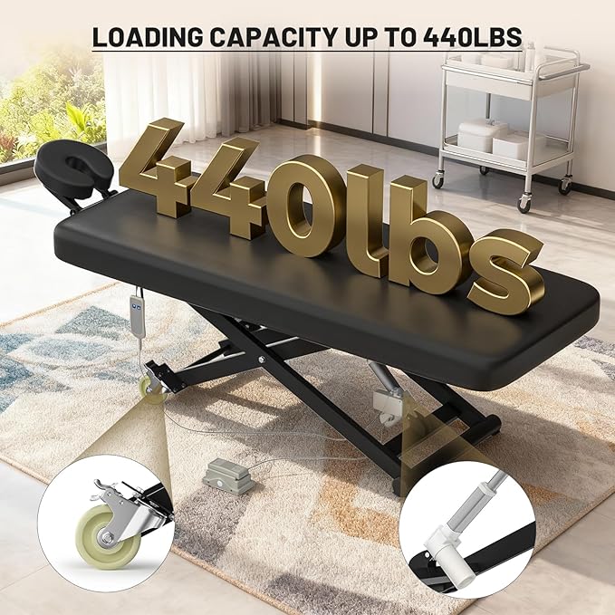 Electric Massage Table Bed - Facial Spa Treatment Table, Esthetician Bed with Wheel, Hand & Foot Pedal Dual Control Adjustable Height 440lbs, Professional Salon & Beauty Spa Use (Black)