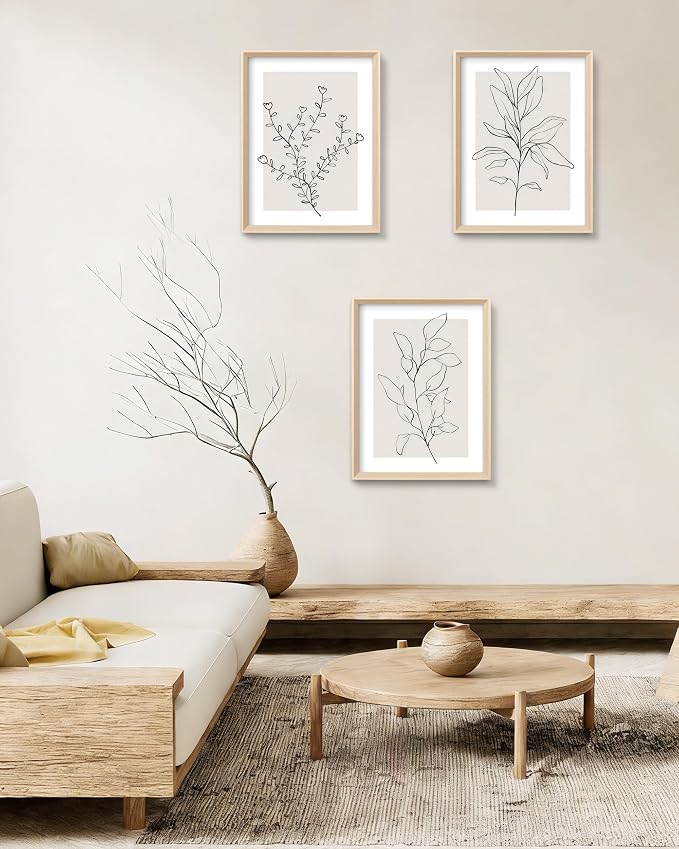 HesenDot Minimalist Botanical Framed Wall Art, Line Drawing Canvas Prints | 12x16IN Set of 3, High Framed Design Prints, Neutral Plant Artwork Wall Decor for Living Room Bedroom Bathroom Office