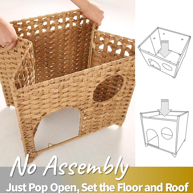 Handwoven Wicker Cat House with Peekaboo Window, for 1-2 Cats Under 20 lb | Woven wicker and raised base for airflow, cool for summer use. Natural furniture look. Rinse clean. Pop open and no assembly.