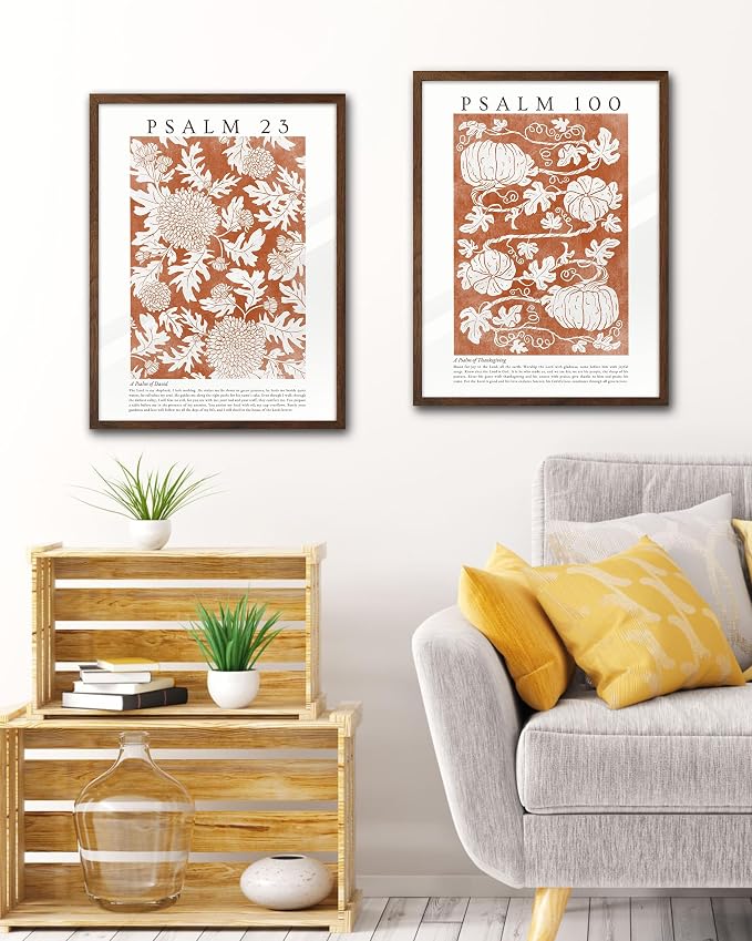 EcoHest 12x16in Psalm 100 Pumpkin Thanksgiving Botanical Christian Wall Art | Walnut Color Solid Oak Frame Canvas Wall Art, Fall Scripture Bible Verse Decor for Bedroom, Living Room, Office, Church,1Pack