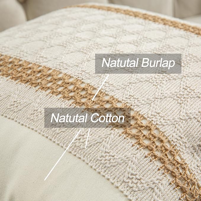 Throw Pillow Covers 18 x 18 Inch 1PC for Farmhouse Living Room, Cotton & Burlap Textured Striped Woven Boho Pillow Covers (Beige & Brown, Double Striped)