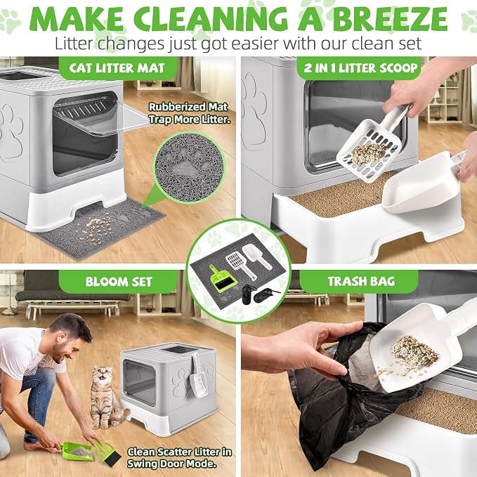 Covered Cat Litter Box, Extra Large Drawer Design with Dual Entry, Gray | 13L litter capacity, adjustable door, leakproof structure, cleaning accessories, complimentary cat litter mat