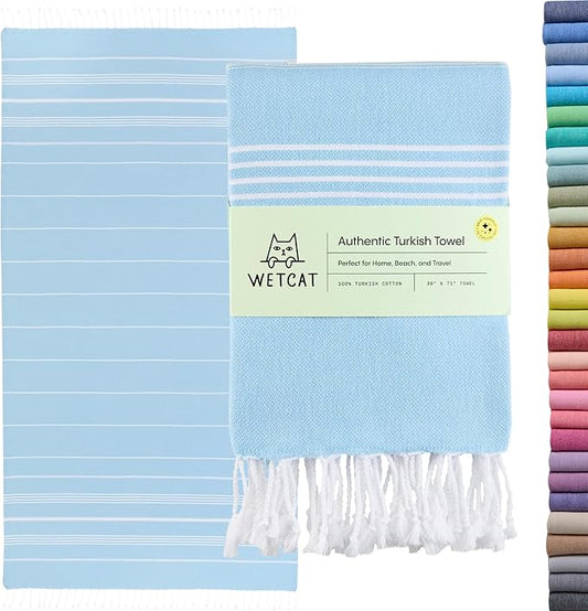 WETCAT Turkish Beach Towel Oversized (38"x71") 100% Turkish Cotton, Made in Turkey - Sand Free, Extra Large, Ultra Soft, Quick Drying, Compact & Lightweight for Travel - Light Blue