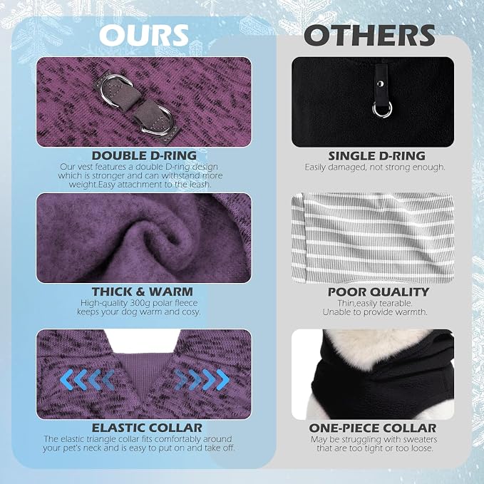 Fleece Dog Sweater - Pullover Dog Jacket, Warm Winter Coat Vest with D-Ring for Leash, Pet Cold Weather Clothes Outfit, Sweatershirt for Boys or Girls Puppy Purple L