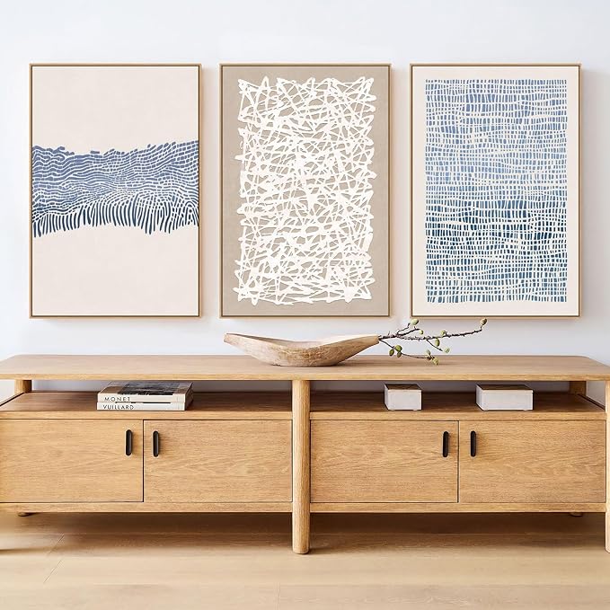 SAFERRYHOME Blue Neutral Contrast Abstract Boho Wall Art,3 Panels 24"x36" | Modern Abstract Framed Canvas Print Set, Mid Century Modern Minimalist Lines Geometric Pattern for Living Room,Bedroom,Office