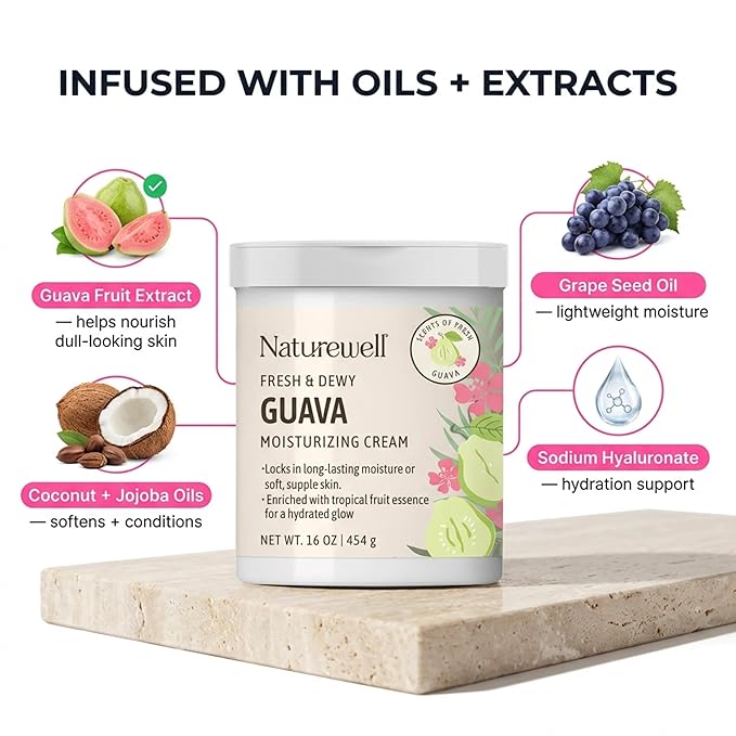 NATURE WELL Guava Fresh & Dewy Body Cream Moisturizer, Infused with Natural Oils & Extracts, Non-Greasy, Light, Helps Lock in Moisture, Enriched with Tropical Fruit Essence for a Healthy Glow, 16 Oz