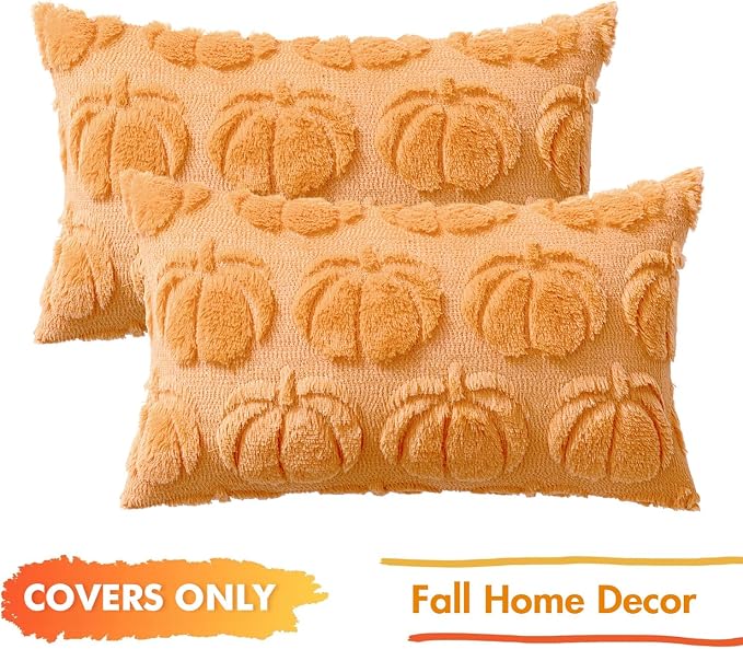 MIULEE Fall Pillow Covers Pumpkin Fall Decor Lumbar 12x20 Pumpkin | Set of 2 Fall Decorations for Home, Plush Faux Fur Farmhouse Accent Pillowcases, Porch Sofa Couch Cushion Bed Livingroom