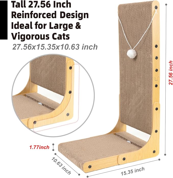 27.6 Inch Reinforced Cat Scratcher, L-Shaped Wall Mount Scratching Post with 2 Catnip Balls & 1 Fuzzy Ball Toy, Easy Flip Scratch Pad for Indoor Cats