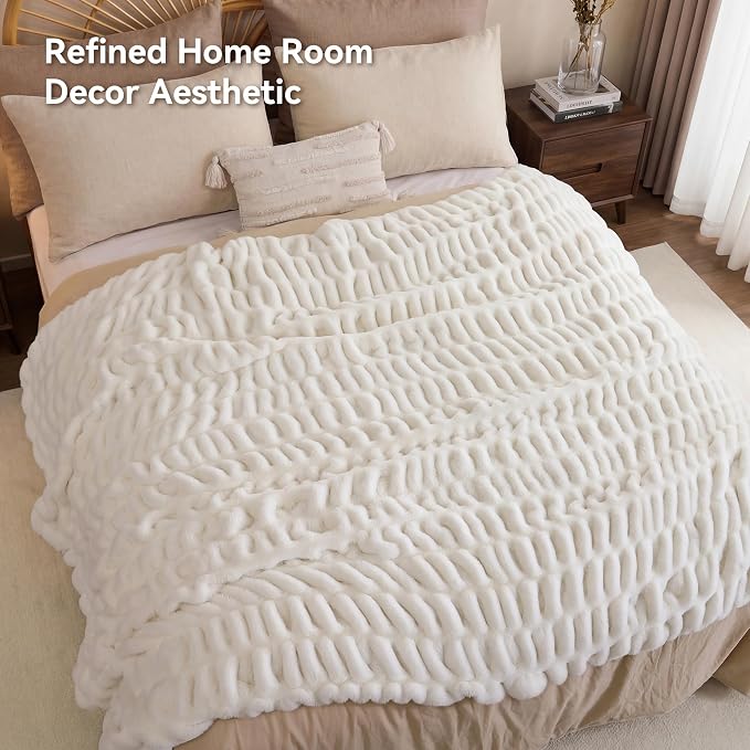 Cream White Fluffy Blanket for Couch -Luxury Faux Rabbit Fur 60"x80" | Ultra Soft & Plush Comfort Ruched Blanket, Cozy Fuzzy Fleece Throw for Sofa, Bed & Office, Gift for Women, White Room Decor
