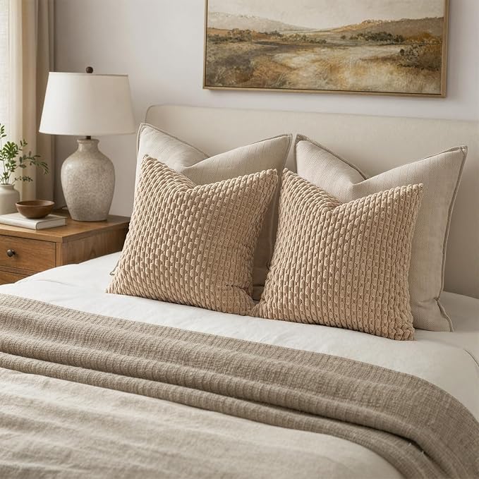 MIULEE Decorative Throw Pillow Covers 20x20 Neutral Tan Textured Corduroy | Pack of 2 Striped Pillow Covers Modern Farmhouse Fall Home Decor for Couch Bed Sofa Living Room