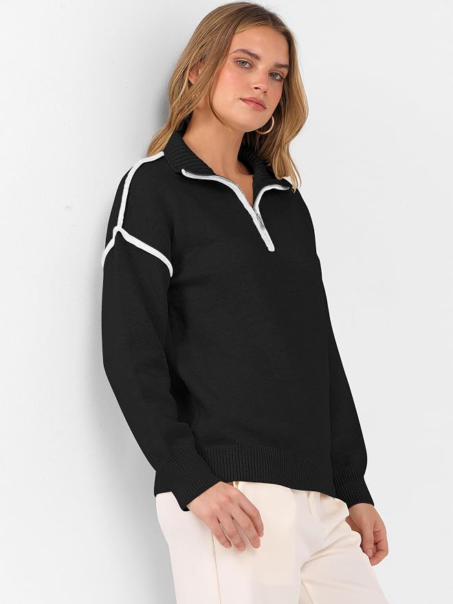 ANRABESS Womens Quarter Zip Sweaters Fall Long Sleeve V Neck Shirts Collared Business Casual Tops Knit Pullover Sweatshirts