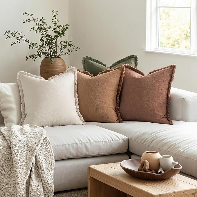 MIULEE Fall Linen Fringe Pillow Covers Set of 4 20x20 Beige/Brown/Green | Boho Farmhouse Decorative Throw Pillow Covers, Neutral Soft Rustic Cushion Cases, for Couch Sofa Bed Living Room Home Decor