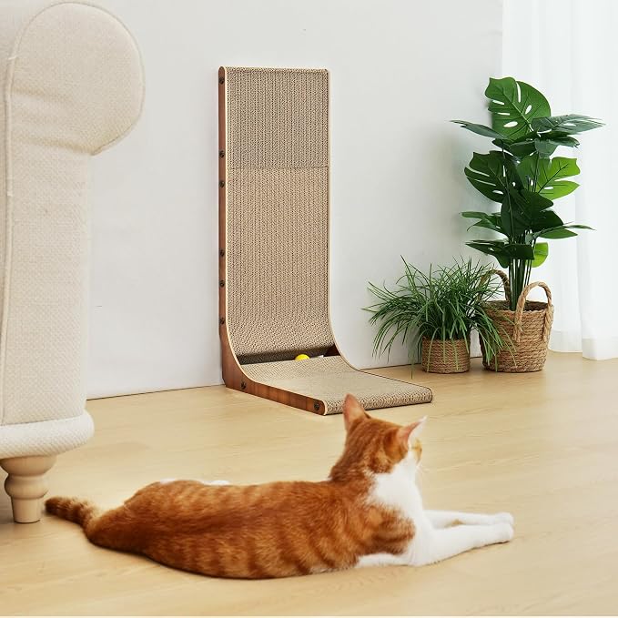 FUKUMARU Cat Scratcher for Indoor Cats, 26.8 Inch Cat Scratch Pad L Shaped | Cardboard Cat Scratcher, Vertical Cat Scratching Board with Ball Toy, Walnut Color, 1 Pack