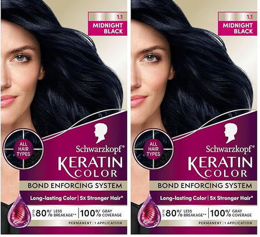 Schwarzkopf Keratin Color Permanent Hair Color, 1.1 Midnight Black, 1 Application-Professionally Inspired Permanent Hair Dye, for up to 80% Less Breakage vs Untreated Hair and up to 100% Gray Coverage