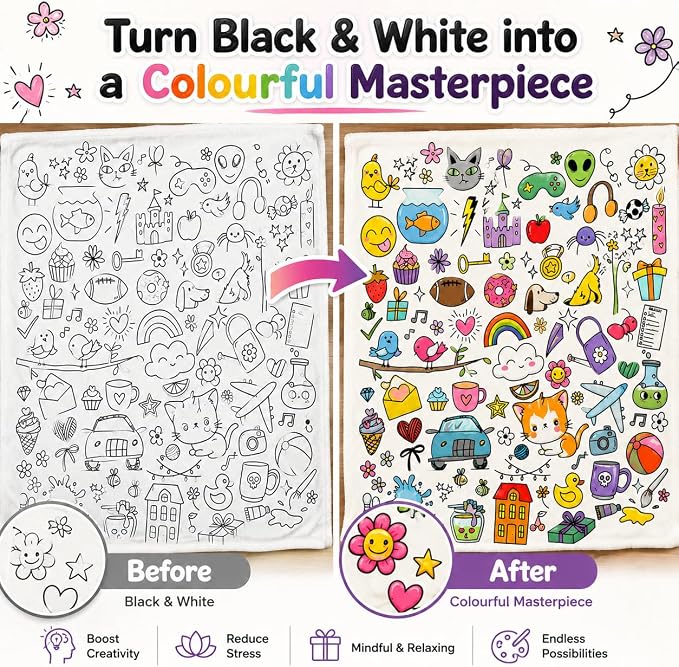 VEELU DIY Cartoon Coloring Blankets with 24 Colors Markers for Adults | Color In Your Own Blankets With 24 Colors Markers, Snuggle Color Sketch Washable Blankets Kit Home Decor