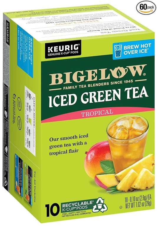 Bigelow Tea Unsweetened Tropical Green Iced Tea Keurig K-Cup Pods, Caffeinated Tea Keurig Tea Pods, 10 Count (Pack of 6), 60 Total K-Cup Pods