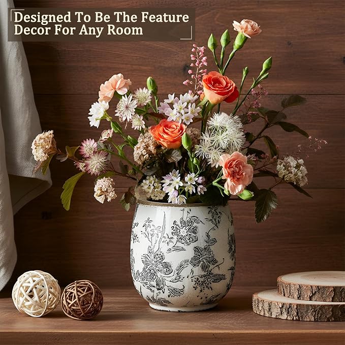 SiliFine Vintage Ceramic Flower Pot with Ice Crackle Rustic Planter with Drainage Holes for Indoor and Outdoor Decor Home Living Room Garden Decor Gardening Gift (Rustic Grey Style)