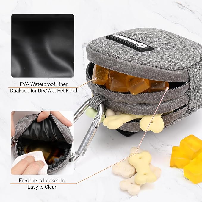Dog Poop Bag Holder for Leashes- Dog Treat Pouch with Waterproof Zipper,Puppy Training Small Bag with Carabiner & Bungee Toggle,Two Pockets for Dry or Wet Treats-Pet Travel Walking Essentials (Grey)
