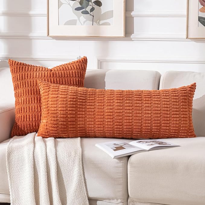 Fancy Homi Decorative Throw Pillow Covers for Bed Couch Bedroom Bench, Soft Corduroy Solid Pillow Case, Rustic Farmhouse Boho Room Decor,54" x 20" (Pack of 1),Burnt Orange