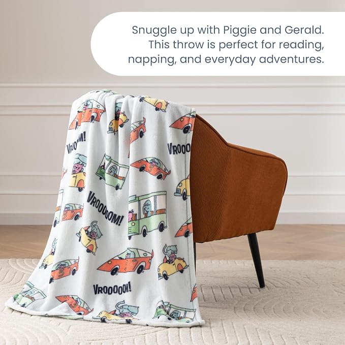 Berkshire Mo Willems® VelvetLoft® Throw Blanket - Super Soft Plush Elephant & Piggie Character Design - Cozy Home Decor, Elephant_Piggie Vroom Vroom, 50 in x 70 in(Official Mo Willems® Product)