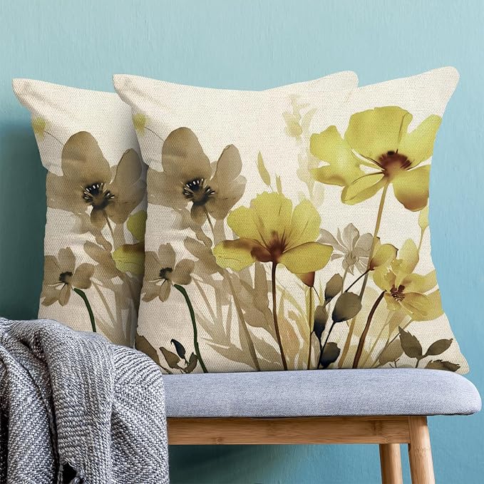 Spring Floral Pillow Covers 18x18 Inches Set of 2 Yellow Brown Floral Throw Pillow Covers Outdoor Rustic Summer Flower Decoration Pillowcase Farmhouse Decorative Cushion Cover for Couch Sofa