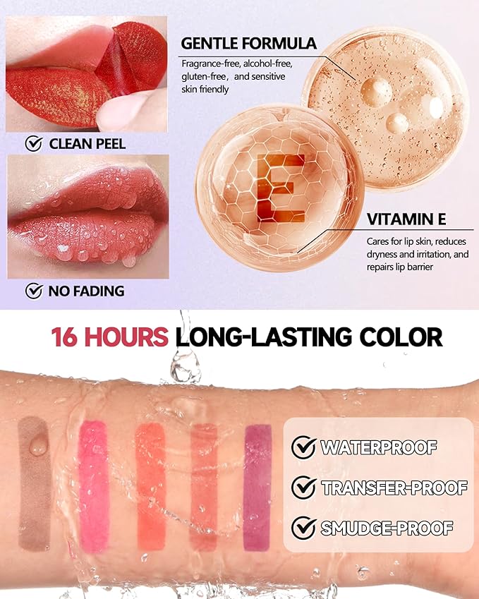 Peel Off Lip Liner Stain, Long Lasting Waterproof Transfer-Proof Lip Tint Stain Peel Off, Non-stick High Pigmented Lip Gloss Lipliner Tattoo, Liquid Tinted Lipstick, Lip Makeup Gift for Women Girl-03