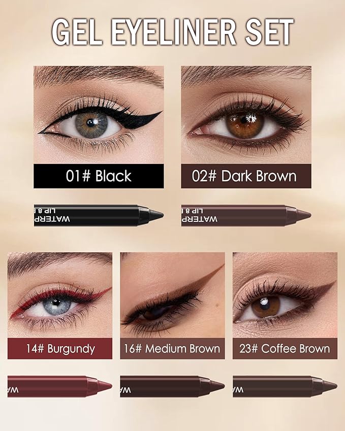 10 Pcs Gel Eyeliner Pencil Set, Black Waterline Waterproof Eye Liner Pencils for Older Women, Long Lasting Smudge Proof Eyeliner Pen Eyeshadow Stick Pack, Matte Creamy Makeup Pen with Sharpener-Set A