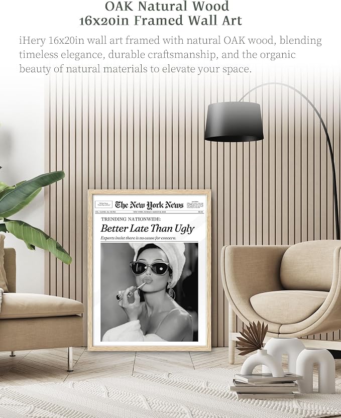 iHery 16x20in Audrey Hepburn Better Late Than Ugly Framed Bathroom Art | Natural OAK Wood Frame with Canvas Print, Vintage Fashion Wall Decor for Bathroom, Bedroom, Apartment and Girl Dorm, 1Pack