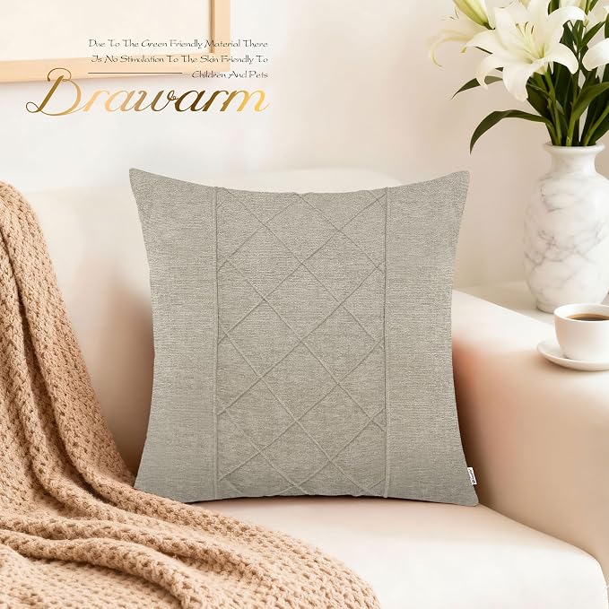 BRAWARM Chenille Throw Pillow Covers 18x18 Inches, Taupe, 2 Pack | Decorative Pleated Pillow Covers, Soft Cushion Cases for Sofa Bed Living Room Home Farmhouse (No Insert)