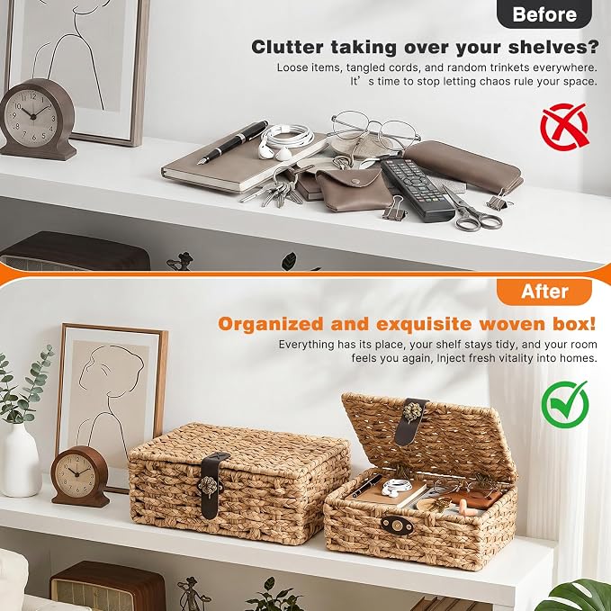 Water Hyacinth Wicker Storage Baskets with Magnetic Lids, Set of 2 | 2-Piece handwoven water hyacinth boxes with magnetic lids and metal frames for shelves, coffee tables, and consoles