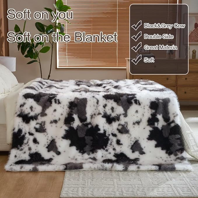 Luxury Fluffy Faux Fur Throw Blanket,Thick Fluffy Silky Fuzzy Cozy Blanket,Plush Blankets for Couch, Sofa, Chair, Bed-Black&Grey Cow-50 * 60inch