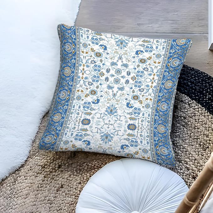 Boho Floral Throw Pillow Covers 16x16 inch Set of 2,Blue Boho Rug Geometric Floral Pattern Decor Double Sided Pattern Cushion Cover Soft Pillow Case Living Sofa Room Bed Square Pillow Cover
